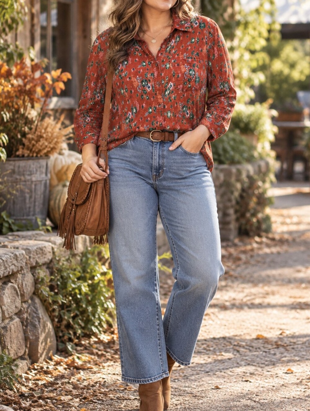 Anthropologie Rust Floral Button-Down Shirt Boho Artsy Cotton Blend Long Sleeve